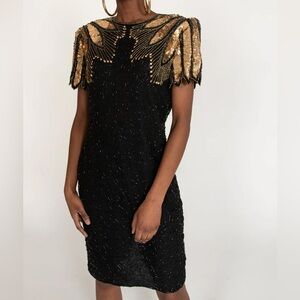 vintage Stenay black and gold sequin short sleeve mini or cocktail dress